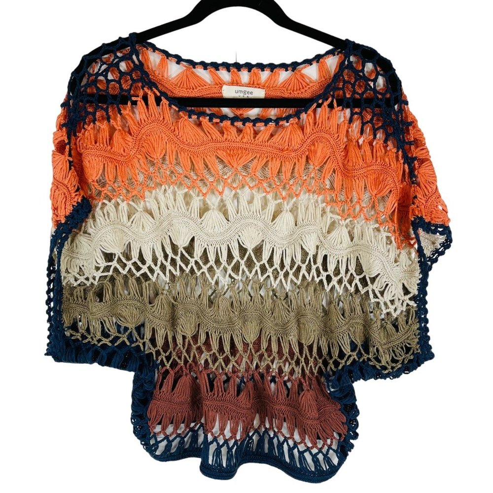 Umgee Striped Crochet Macrame Short Poncho Sleeve Top Size Small